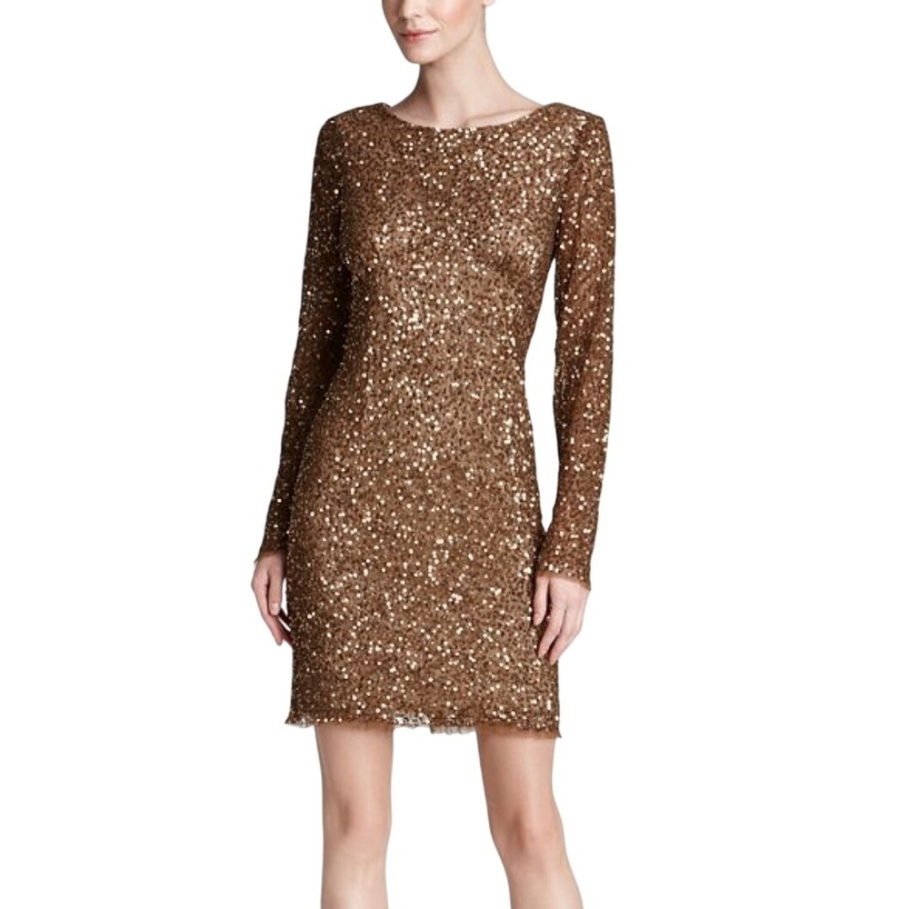 Adrianna Papell Bronze Sequin Old Hollywood‎ Glam Luxury Cocktail Dress Size 10